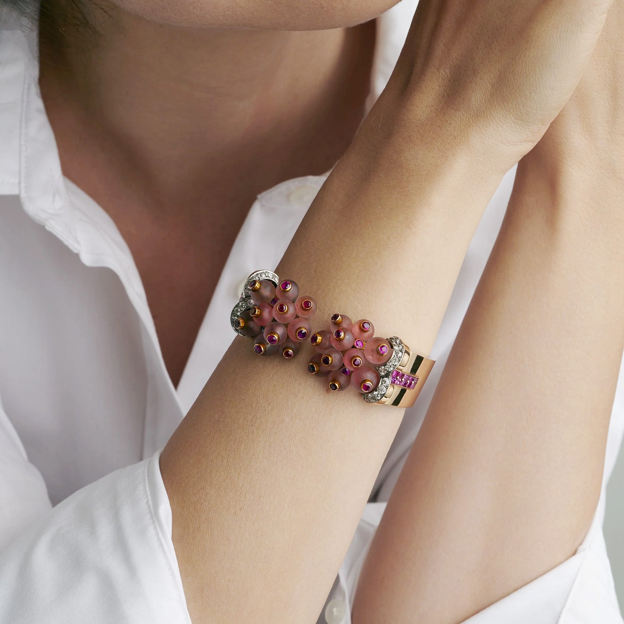 Macklowe Gallery | Georges Verger Rose Quartz and Ruby Cuff
