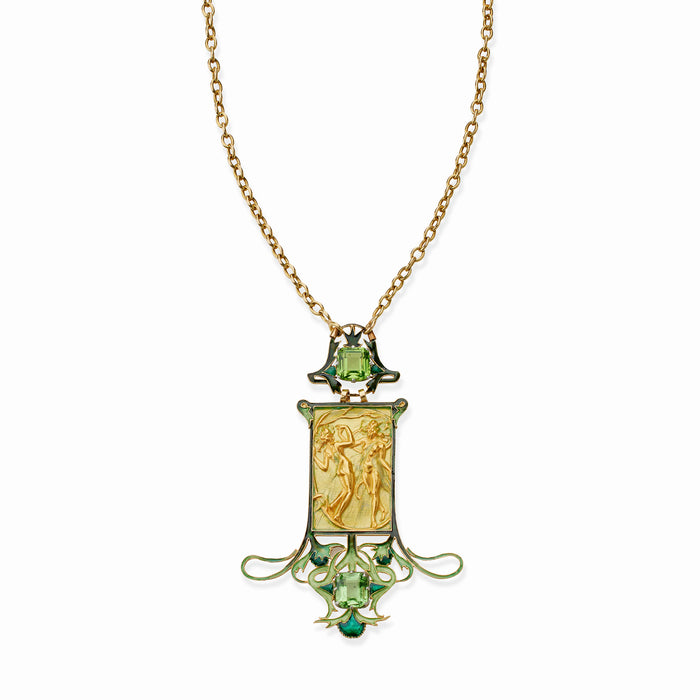 Macklowe Gallery René Lalique 18K Gold Peridot and Enamel Pendant Dancing Figures Pendant Necklace
