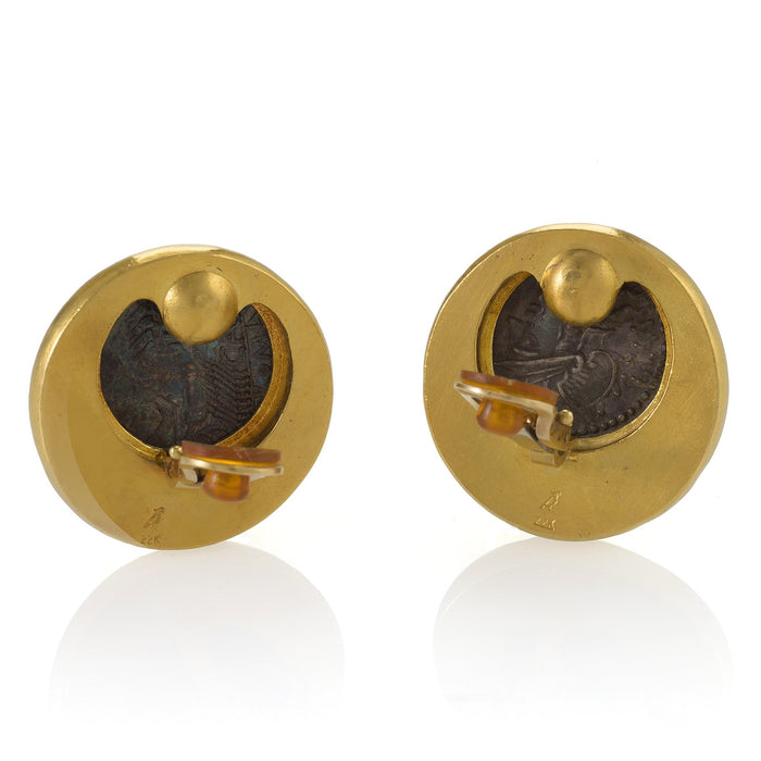 Richard Tang 22K Granulated Gold Roman Coin Clip Earrings