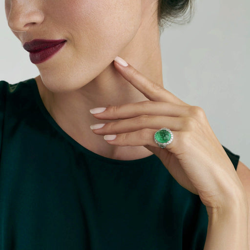 Macklowe Gallery Carved Emerald and Diamond Ring