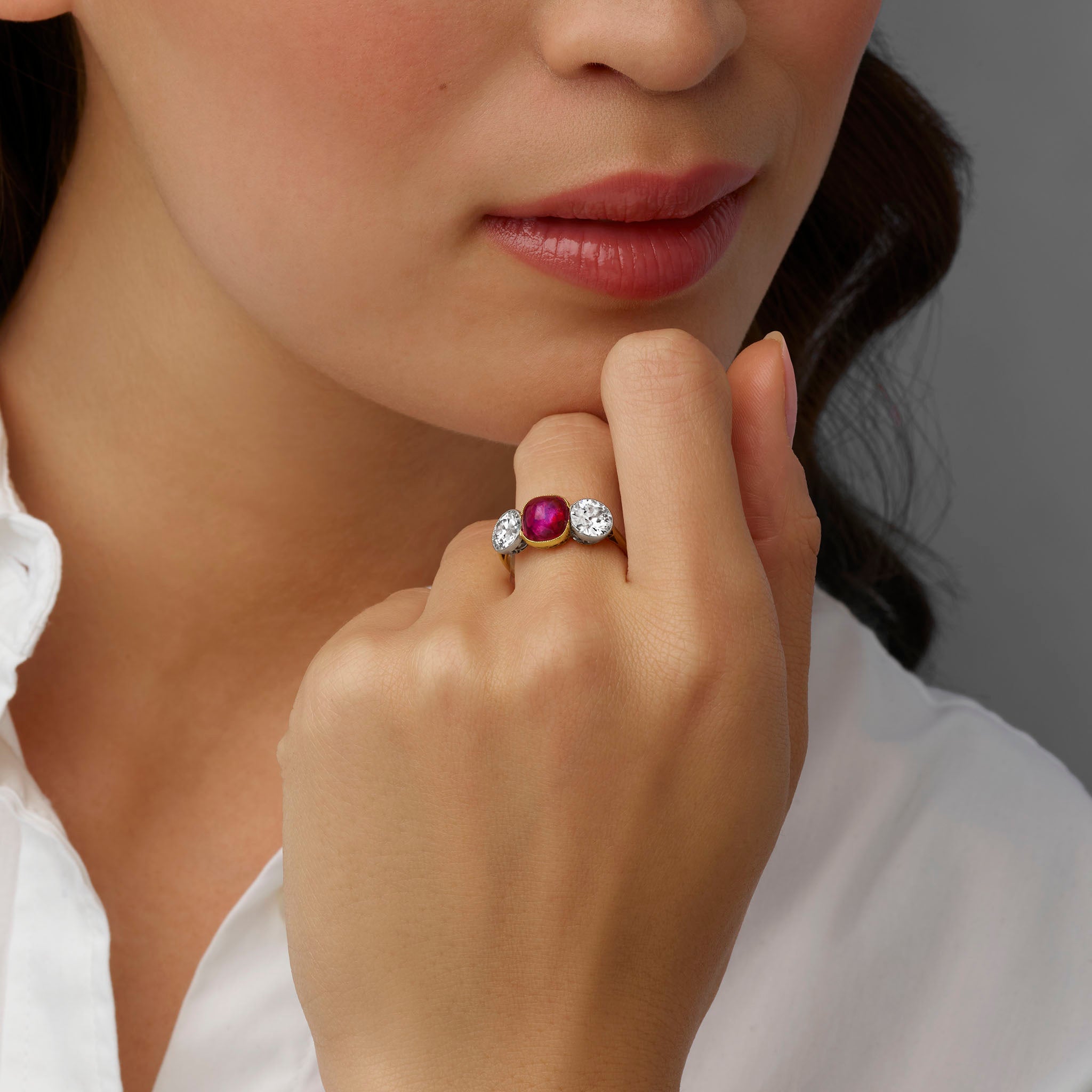 Macklowe Gallery | Burma No-Heat Ruby Three Stone Ring