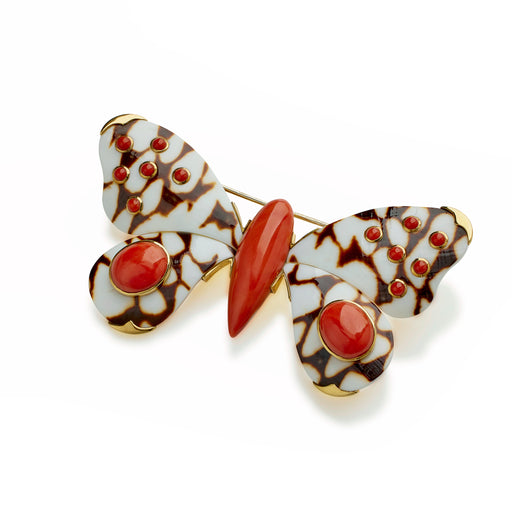 Macklowe Gallery Trianon Coral and Carved Shell Butterfly Clip Brooch