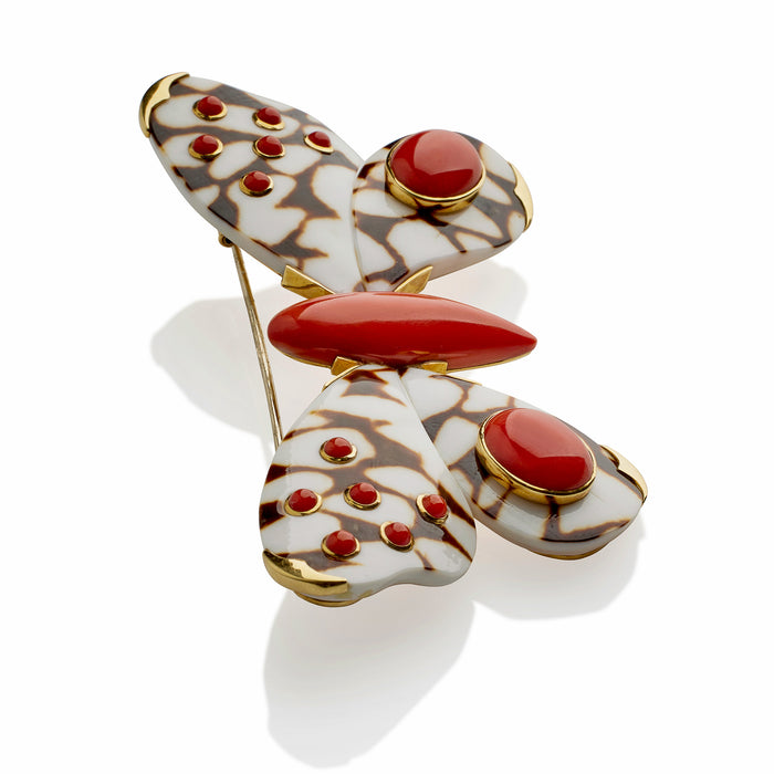 Macklowe Gallery Trianon Coral and Carved Shell Butterfly Clip Brooch