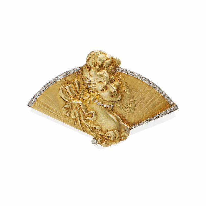 Macklowe Gallery Jules Chéret Art Nouveau 18K Gold and Rose-cut Diamond Brooch