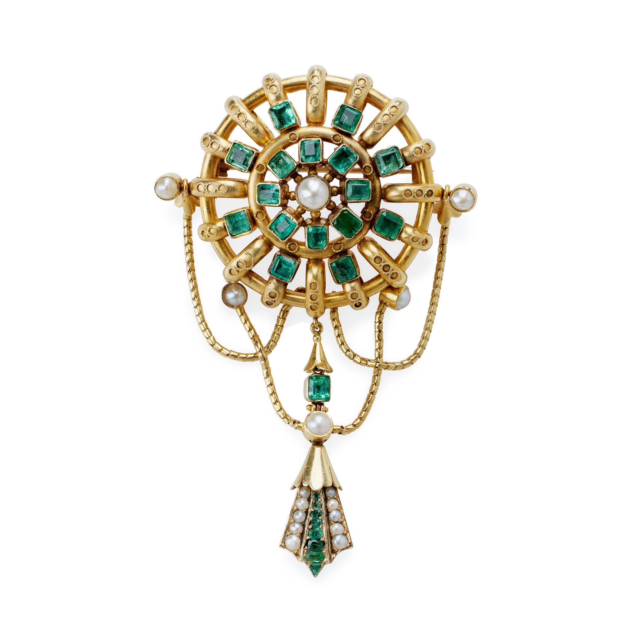 Macklowe Gallery Carlo Giuliano Renaissance Revival 18K Gold and Emerald Brooch MackloweGallery