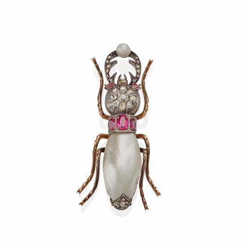 Macklowe Gallery Peter Carl Fabergè Pearl, Diamond and Ruby Insect Brooch