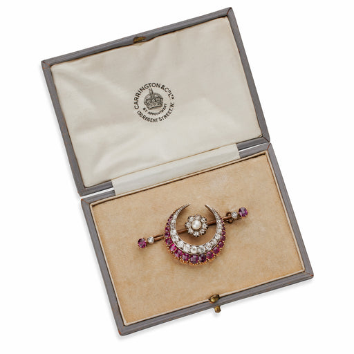 Macklowe Gallery Carrington & Co. Antique Ruby, Diamond and Pearl Crescent Brooch