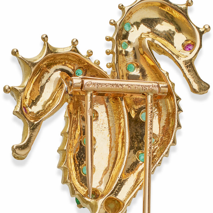 Macklowe Gallery Tiffany & Co. Georges Lenfant 18k Gold and Emerald Double Seahorse Brooch