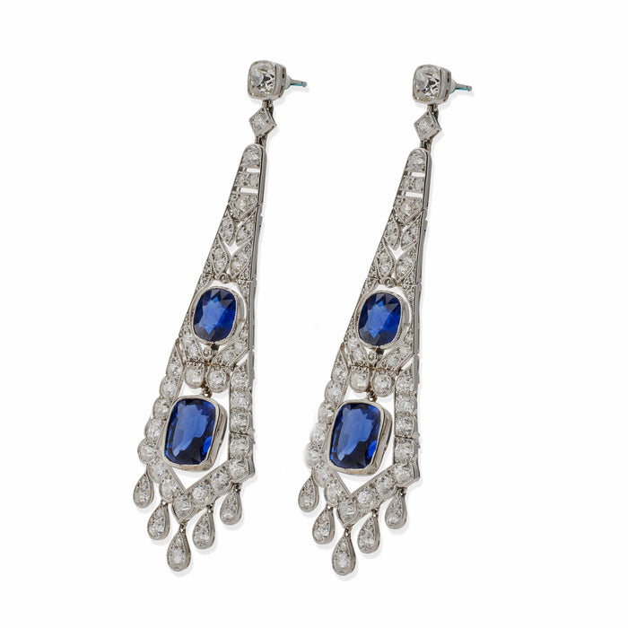 Macklowe Gallery French Art Deco AGL Natural No-Heat Sapphire and Diamond Pendant Earrings