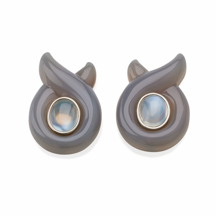 Macklowe Gallery Verdura Moonstone and Carved Chalcedony "Twisted Ribbon" Clip Earrings