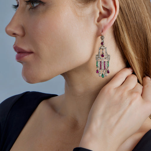 Macklowe Gallery Diamond Ruby and Emerald Pendant Earrings