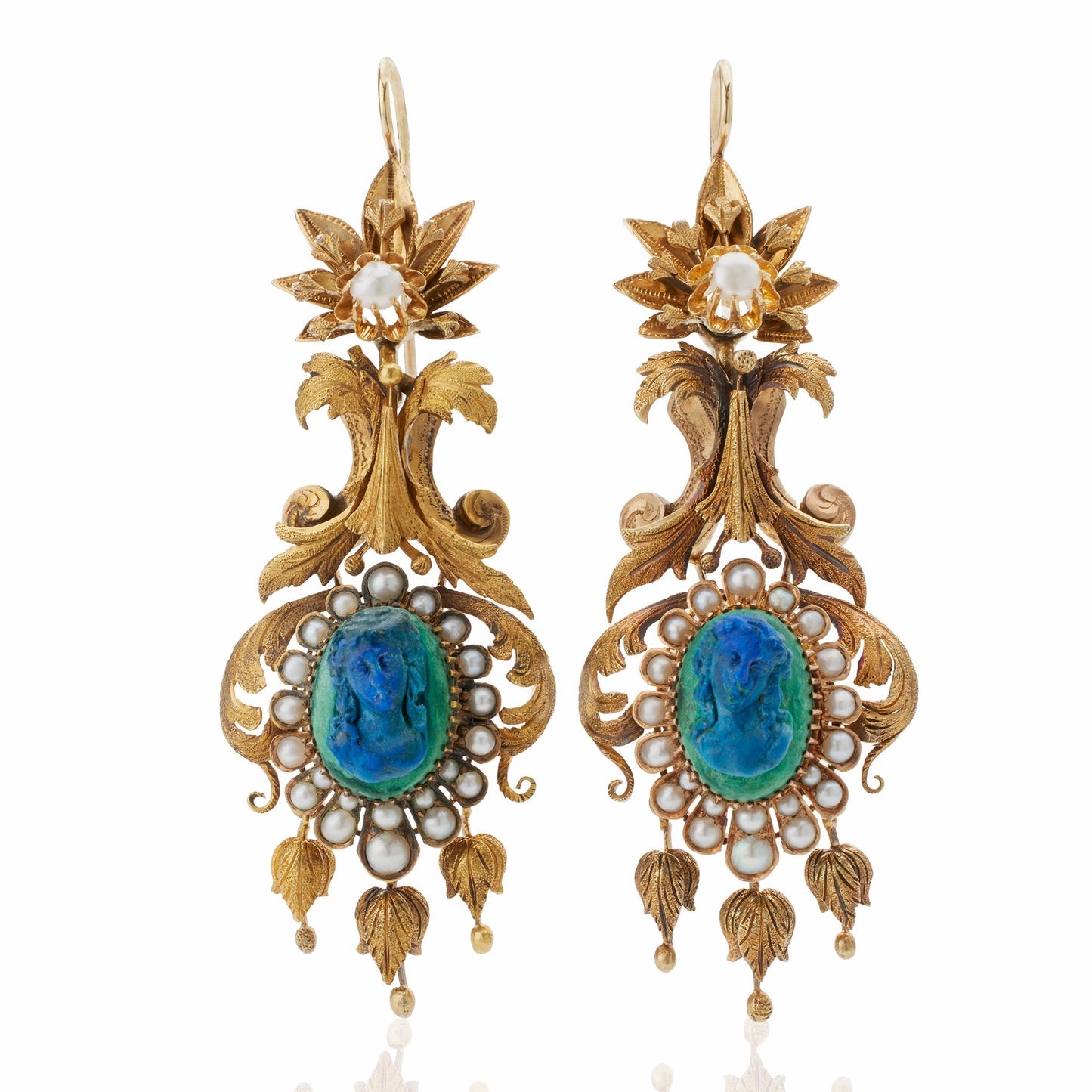 Macklowe Gallery 1840s Azurmalachite Cameo Pendant Earrings