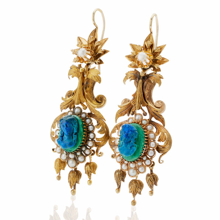 Macklowe Gallery 1840s Azurmalachite Cameo Pendant Earrings