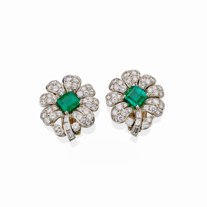 Macklowe Gallery Gazdar Mumbai Emerald and Diamond Flower Clip Earrings