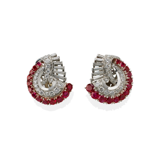 Macklowe Gallery Retro Ruby and Diamond Swirl Clip Earrings