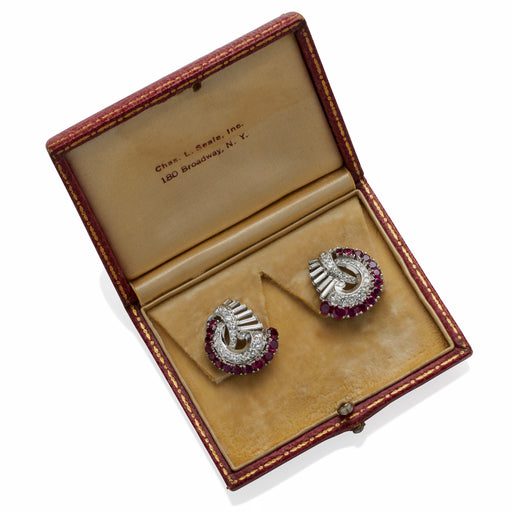 Macklowe Gallery Retro Ruby and Diamond Swirl Clip Earrings