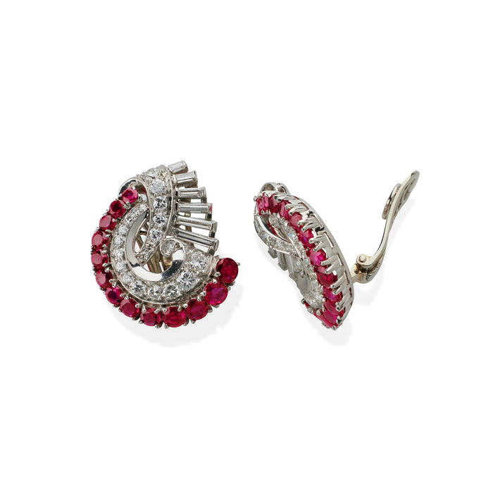 Macklowe Gallery Retro Ruby and Diamond Swirl Clip Earrings