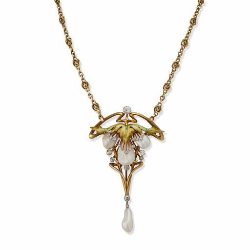 Macklowe Gallery Guillemin Frères Paris Pearl, Enamel and Diamond Pendant Necklace