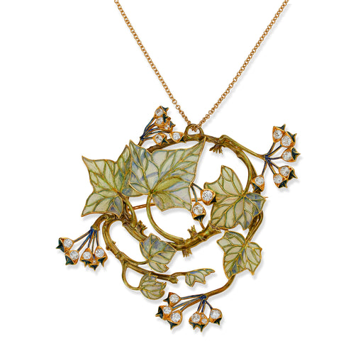 Macklowe Gallery René Lalique Art Nouveau Plique-à-Jour Enamel and Diamond "Lierre" Ivy Pendant Brooch/Necklace