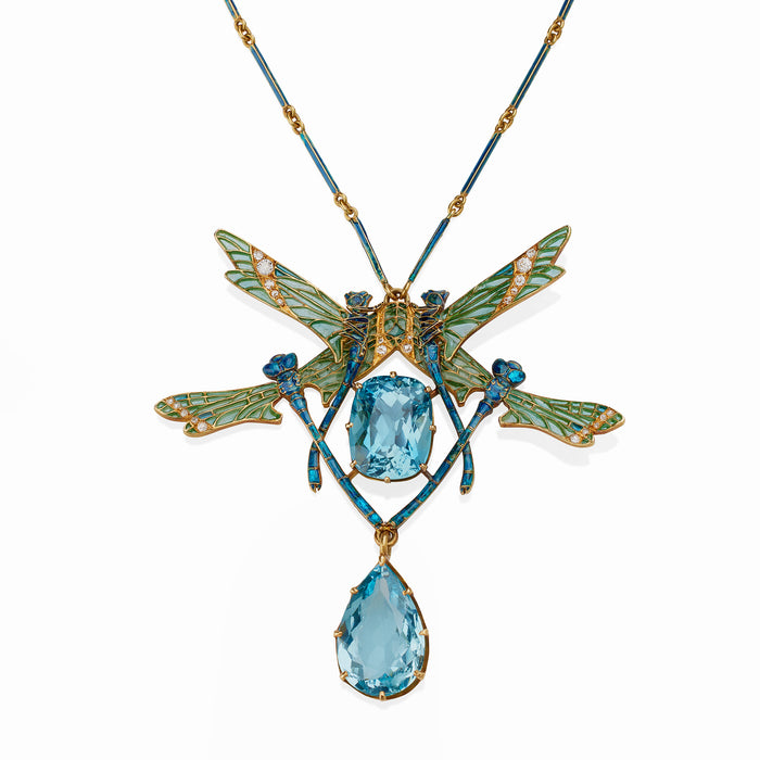 Macklowe Gallery René Lalique Art Nouveau Plique-à-jour Enamel and Aquamarine "Four Dragonflies" Pendant Necklace