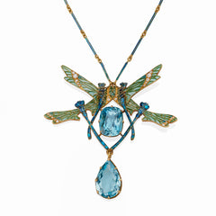 René Lalique Art Nouveau Plique-à-jour Enamel and Aquamarine "Four Dragonflies" Pendant Necklace