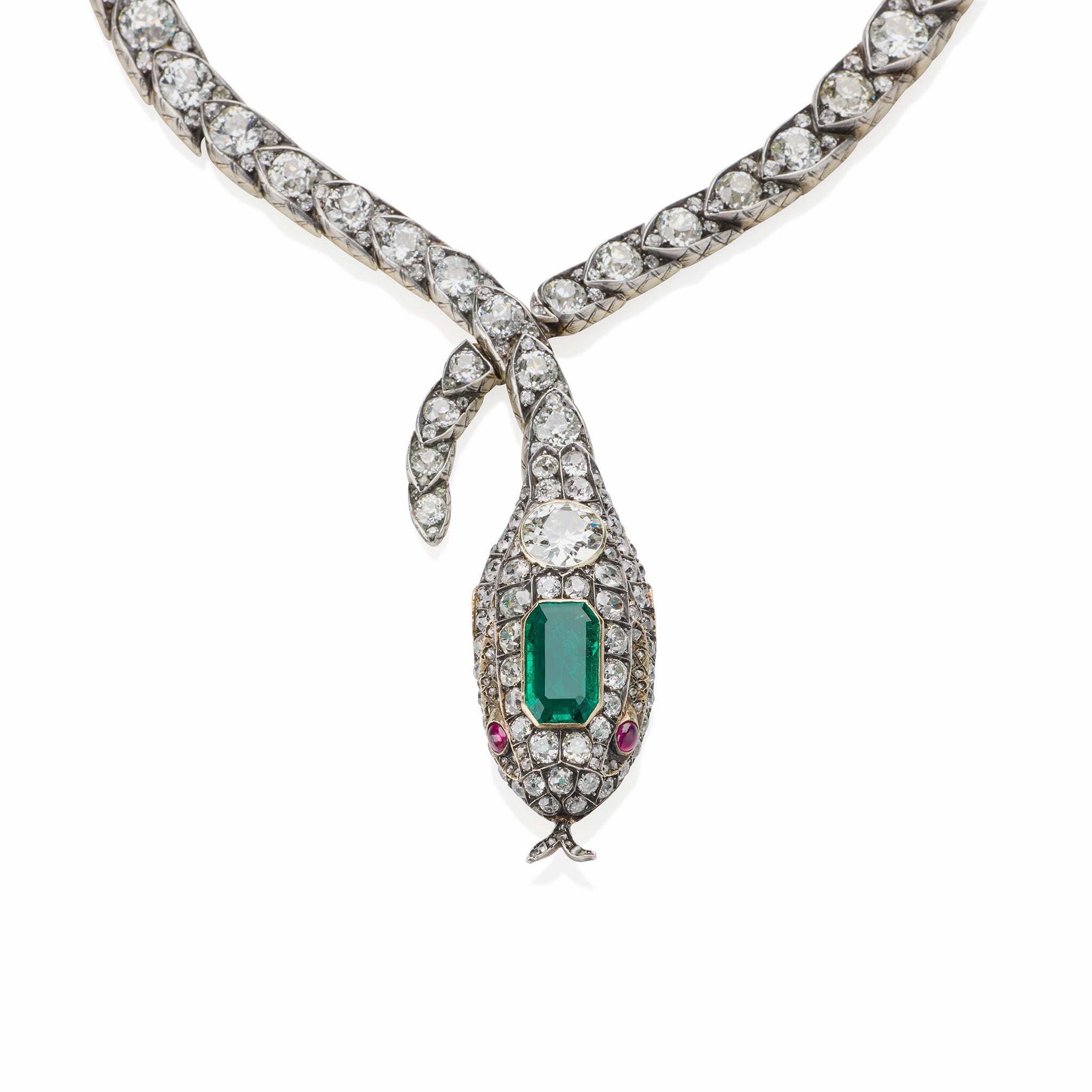 Macklowe Gallery | Antique Emerald and Diamond Serpent Necklace
