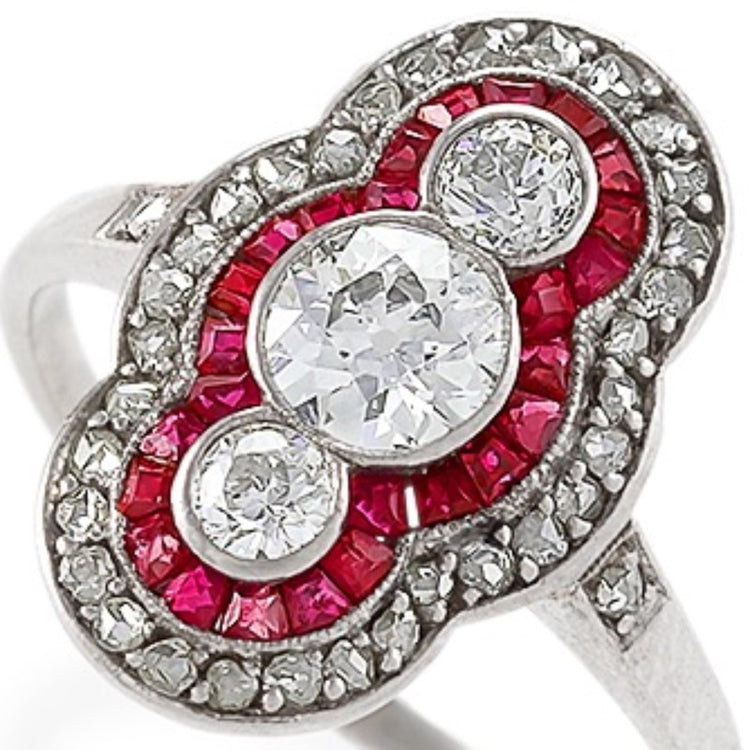Macklowe Gallery | Ruby and Three-Stone Diamond Shield Ring ...