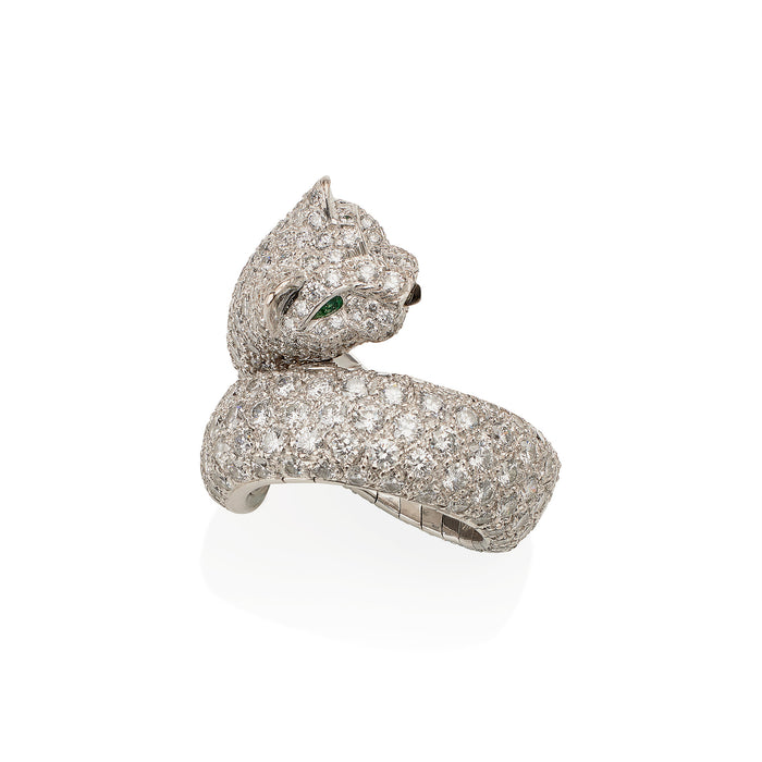 Sold at Auction: Silver tone CZ, enamel Cartier style Panther Cat ring,  size 7 1/2