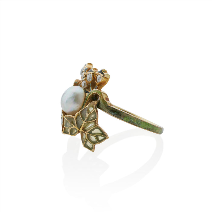 Macklowe Gallery René Lalique Art Nouveau Natural Pearl, Diamond and Plique-à-jour Enamel "Lierre" Ivy Ring