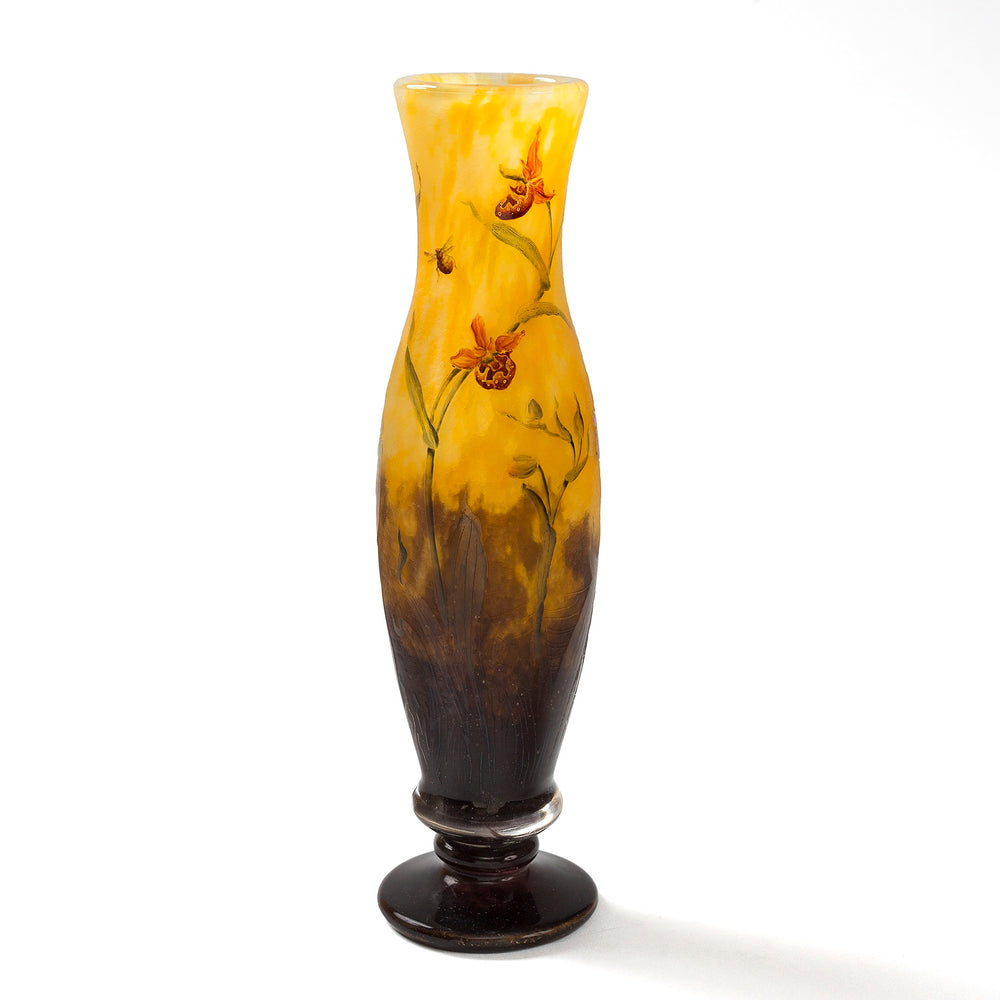 Macklowe Gallery Daum Nancy Enameled and Etched Orchid Landscape Glass Vase 
