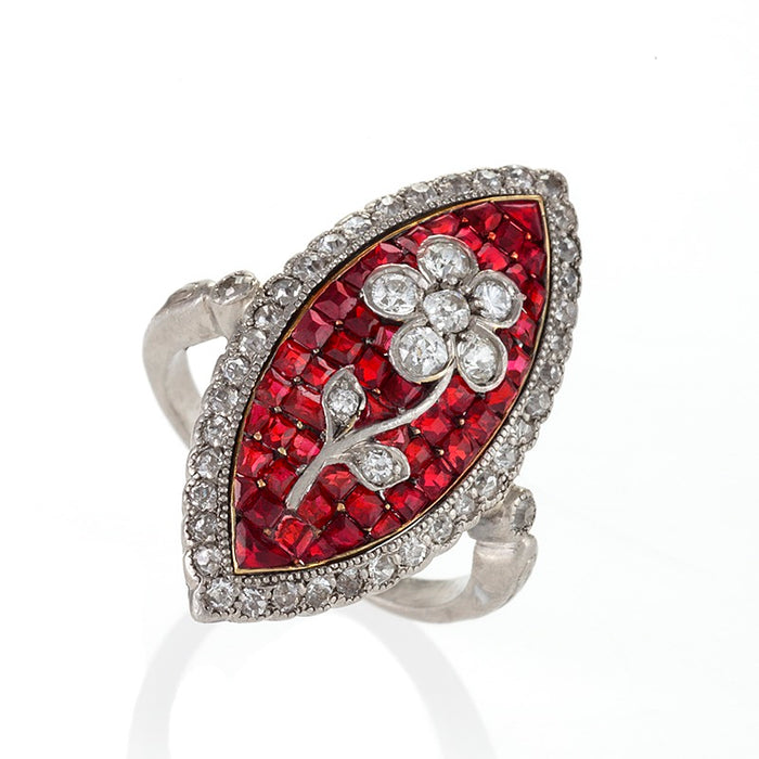 Calibré-Cut Ruby and Diamond Flower Ring