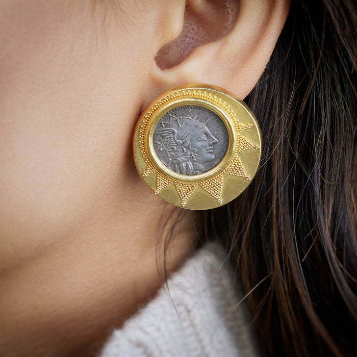 Macklowe Gallery Richard Tang 22K Granulated Gold Roman Coin Clip Earrings