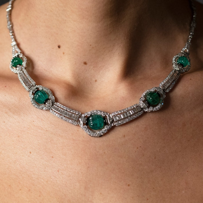 Carved Emerald Bead and Diamond Collar Necklace