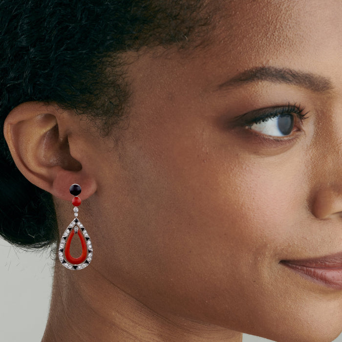 Red Coral and Black Onyx Diamond Pendant Drop Earrings