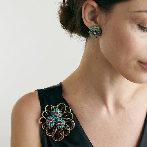 Macklowe Gallery John Rubel Pavé Turquoise and Ruby Brooch and Earrings Suite