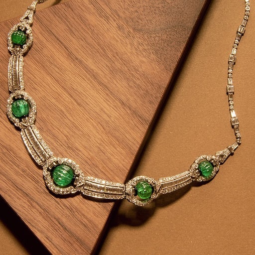 Carved Emerald Bead and Diamond Collar Necklace