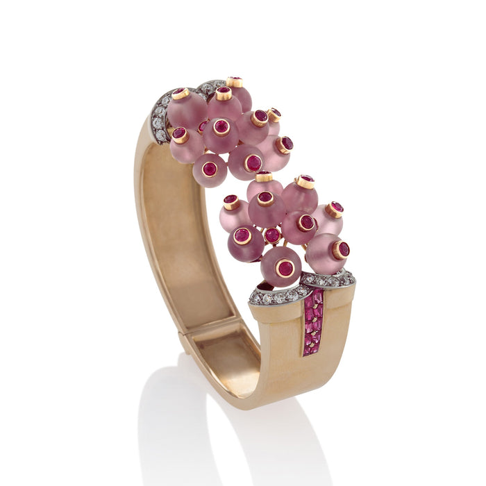 Macklowe Gallery Georges Verger Retro Rose Quartz and Ruby Bracelet Cuff