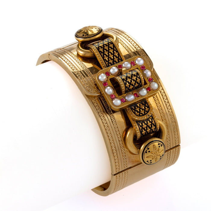 Macklowe Gallery Black Tracery Enamel, Ruby and Pearl Buckle Bangle Bracelet