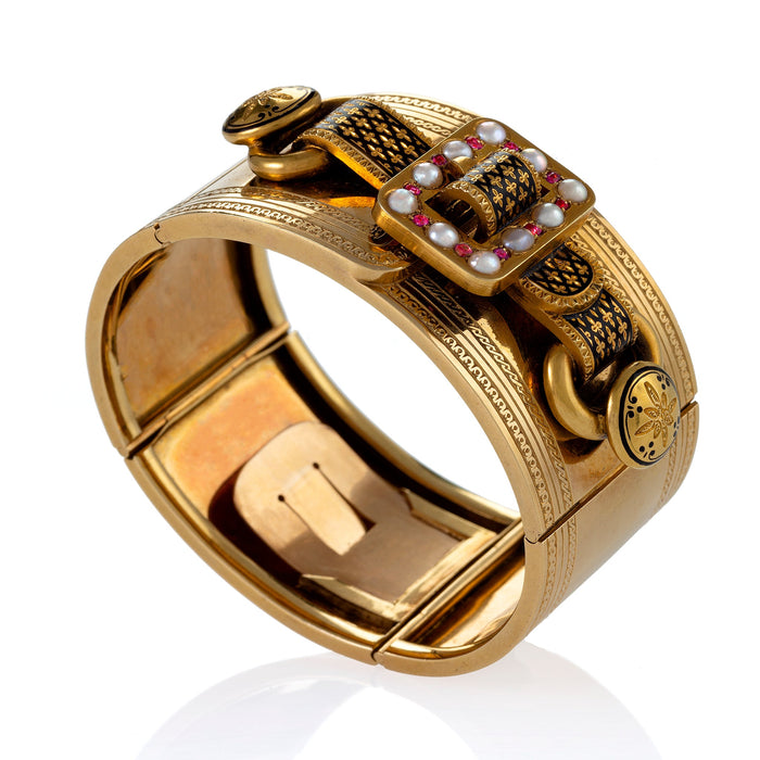 Macklowe Gallery Black Tracery Enamel, Ruby and Pearl Buckle Bangle Bracelet