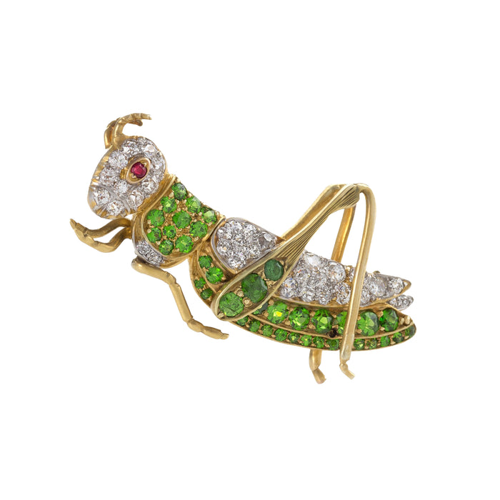 Demantoid Garnet and Diamond Grasshopper Brooch