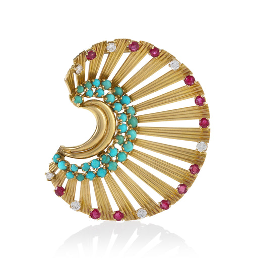 Macklowe Gallery Janca Turquoise and Ruby Gold Fan Brooch