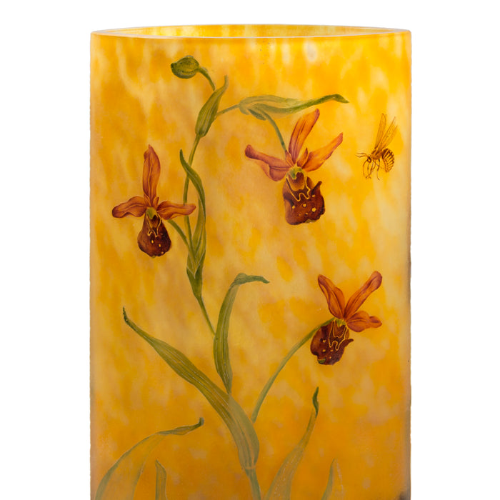 Daum Nancy Enameled and Etched Orchid Landscape Glass Vase