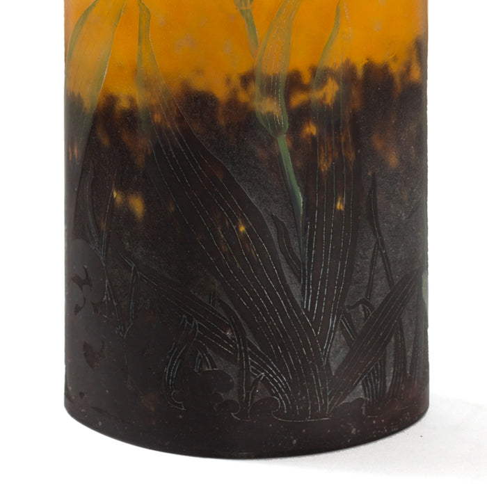 Daum Nancy Enameled and Etched Orchid Landscape Glass Vase
