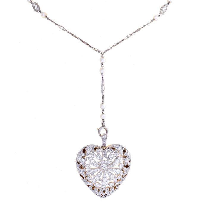 Macklowe Gallery Diamond and Platinum-Topped Gold "Puffed Heart" Locket Necklace