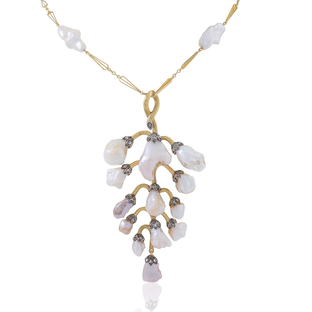 Color Blossom lariat necklace, pink gold, white mother-of-pearl