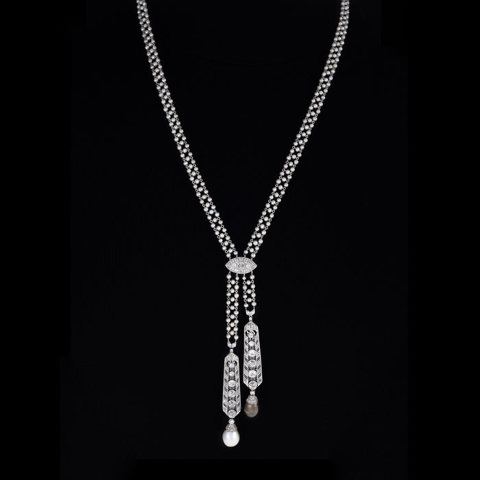 Macklowe Gallery Diamond and Pearl Lavalier Necklace