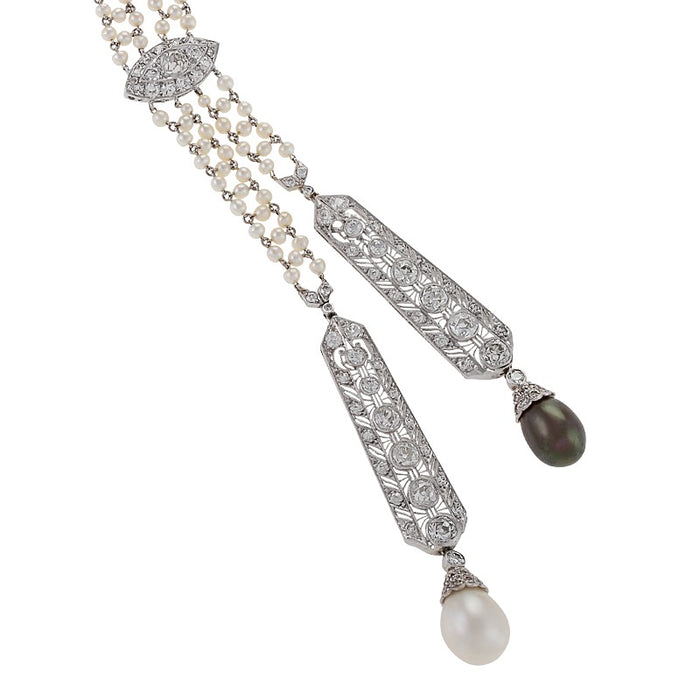 Macklowe Gallery Diamond and Pearl Lavalier Necklace