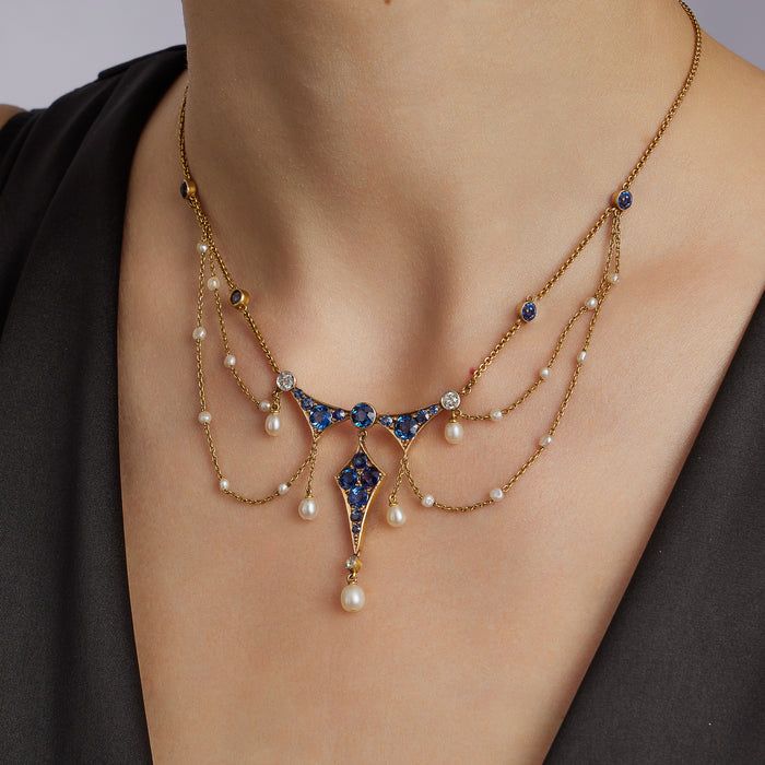 Macklowe Gallery Montana Sapphire, Seed Pearl and Diamond Garland Necklace