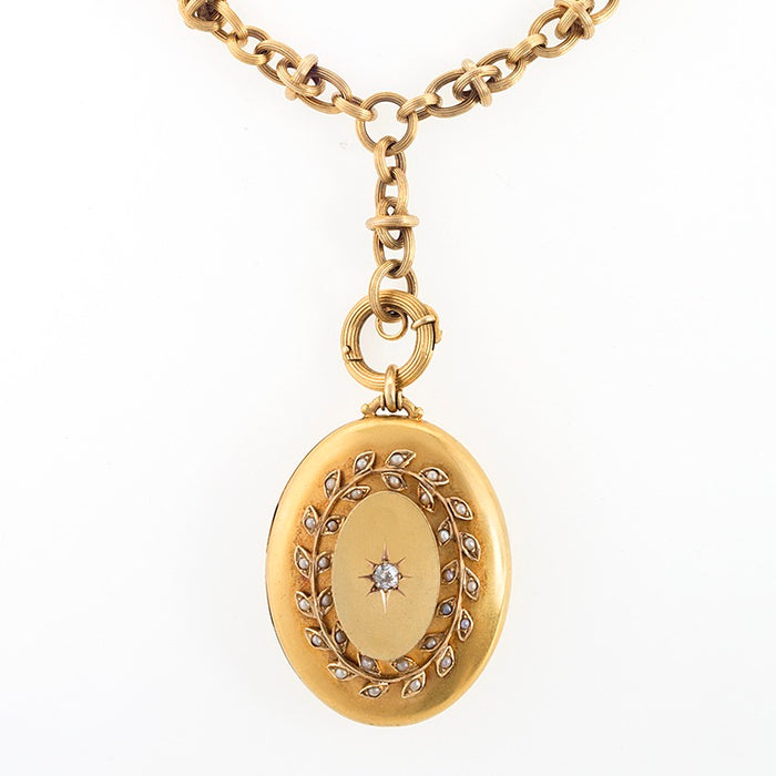 Macklowe Gallery Diamond and Seed Pearl Gold Locket Necklace
