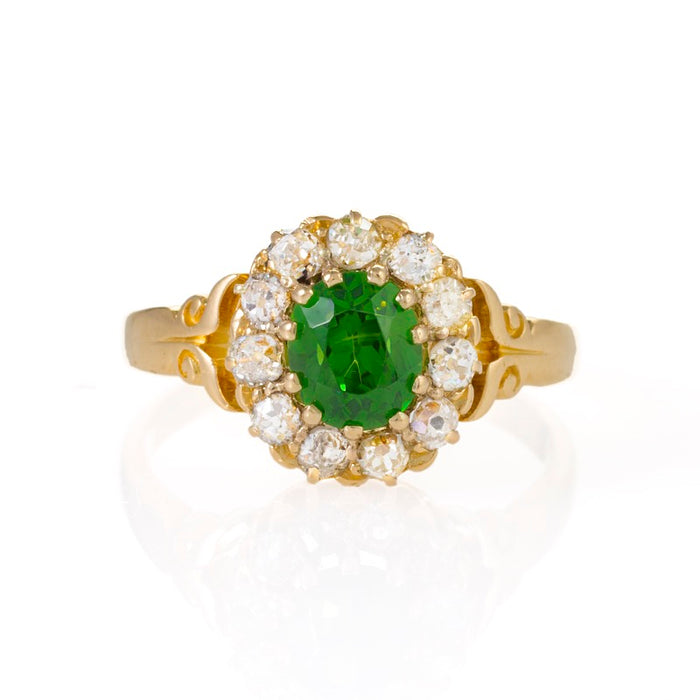 Dainty Demantoid Garnet and Diamond Flower Ring, Bypass Style